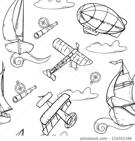 Sailing ship, dirigible and airplane vector seamless pattern monochrome isolated. Black and white graphic hand drawn repeating design of adventure vintage style. Child contour transport background. 118301396