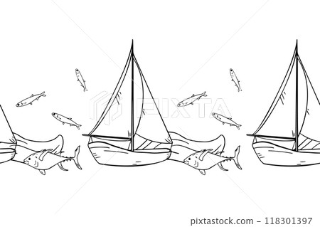 Vector Seamless border monochrome of fishing boats isolated. Fish anchovy, big fish and sailboat on wave black and white graphic hand drawn repeating banner. Childish nautical design by outline. Vector Seamless border monochrome of fishing boats isolated. Fish anchovy, big fish and sailboat on wave black and white graphic hand drawn repeating banner. Childish nautical design by outline. 118301397