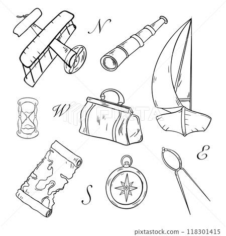 Sailing ship and airplane vintage style vector graphic illustration. Adventure items as hourglass, carpetbag, compass silhouette hand drawn ink. Nautical travel set black and white in line art. Sailing ship and airplane vintage style vector graphic illustration. Adventure items as hourglass, carpetbag, compass silhouette hand drawn ink. Nautical travel set black and white in line art. 118301415
