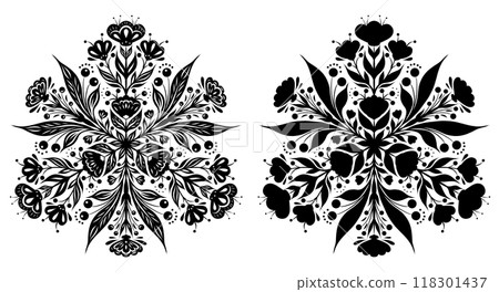 Set of vector monochrome decorative floral mandalas isolated on white background. Collection of ornate flourish floral circle clip art in black colors Set of vector monochrome decorative floral mandalas isolated on white background. Collection of ornate flourish floral circle clip art in black colors 118301437