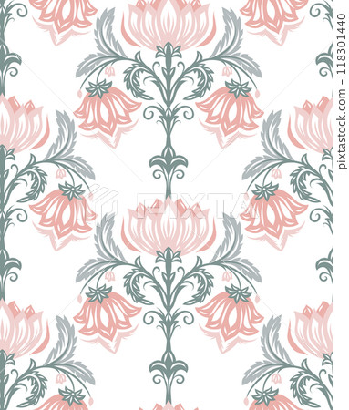 Vector ornate floral pattern in pastel colors. Rococo old-fashioned style. Victorian forged texture with pink filigree flowers. Vector ornate floral pattern in pastel colors. Rococo old-fashioned style. Victorian forged texture with pink filigree flowers. 118301440