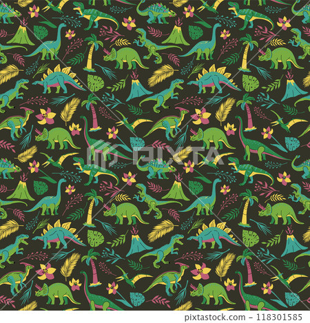 Seamless pattern with bright dinosaurs and green plants including T-rex, Brontosaurus, Triceratops, Velociraptor, Pteranodon, Allosaurus, etc. Isolated on dark background 118301585