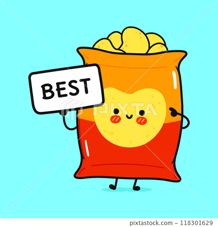 Cute Chips with poster best. Vector hand drawn cartoon kawaii character illustration icon. Isolated on blue background. Chips think concept Cute Chips with poster best. Vector hand drawn cartoon kawaii character illustration icon. Isolated on blue background. Chips think concept 118301629