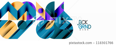 Trendy colorful circles, lines, arrows, triangles and other geometric shapes. Vector Illustration For Wallpaper, Banner, Background, Card, Book Illustration, landing page 118301766