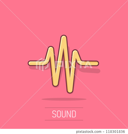 Sound wave icon in comic style. Heart beat vector cartoon illustration on isolated background. Pulse rhythm splash effect business concept. Sound wave icon in comic style. Heart beat vector cartoon illustration on isolated background. Pulse rhythm splash effect business concept. 118301836