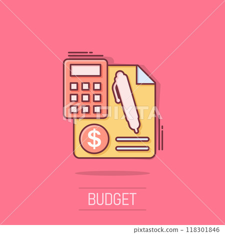 Money calculation icon in comic style. Budget banking vector cartoon illustration on isolated background. Financial payment splash effect business concept. 118301846