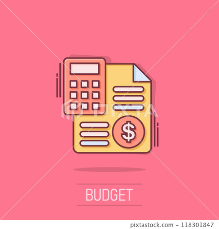 Money calculation icon in comic style. Budget banking vector cartoon illustration on isolated background. Financial payment splash effect business concept. 118301847
