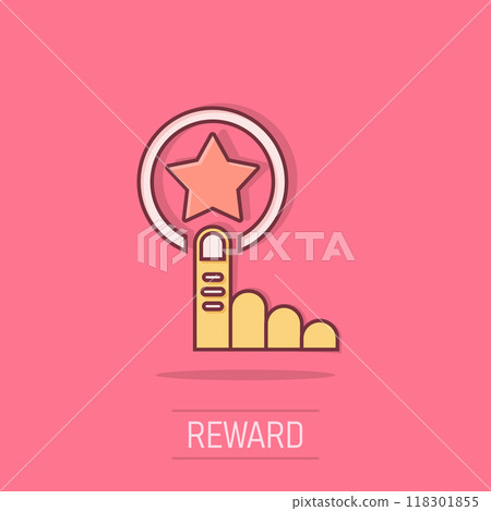 Click loyalty card icon in comic style. Hand on reward cartoon vector illustration on isolated background. Discount splash effect business concept. Click loyalty card icon in comic style. Hand on reward cartoon vector illustration on isolated background. Discount splash effect business concept. 118301855