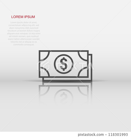Dollar currency banknote icon in flat style. Dollar cash vector illustration on white isolated background. Banknote bill business concept. Dollar currency banknote icon in flat style. Dollar cash vector illustration on white isolated background. Banknote bill business concept. 118301993
