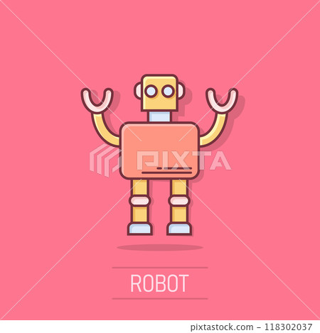 Cute robot chatbot icon in comic style. Bot operator cartoon vector illustration on isolated background. Smart chatbot character splash effect business concept. Cute robot chatbot icon in comic style. Bot operator cartoon vector illustration on isolated background. Smart chatbot character splash effect business concept. 118302037