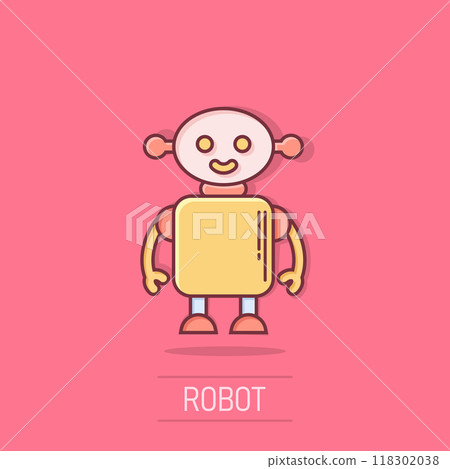 Cute robot chatbot icon in comic style. Bot operator cartoon vector illustration on isolated background. Smart chatbot character splash effect business concept. Cute robot chatbot icon in comic style. Bot operator cartoon vector illustration on isolated background. Smart chatbot character splash effect business concept. 118302038