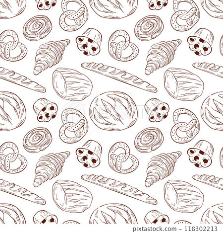 Seamless pattern of bakery food in line art style. Bread, pretzel, croissant, cinnamon bun and muffin. Ideal for food packaging, textile, cafe and menu. 118302213