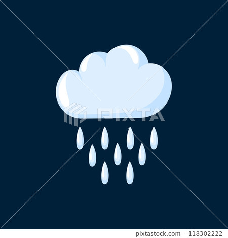 Rain cloud with raindrops in cartoon style. Design for weather forecasts, apps, or climate projects. Clean and minimalistic design. 118302222