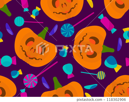 Pumpkins and candies seamless pattern. Halloween carved pumpkin with candies and lollipops. Jack-o-lantern, trick or treat. Design for wallpapers, wrappers, covers and banners. Vector illustration 118302906