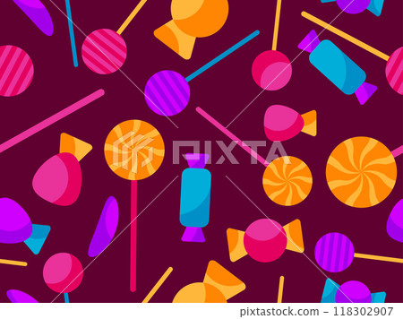 Seamless pattern with Halloween candies. Halloween candies and lollipops, trick or treat. Scattered candy design for wallpapers, wrappers, covers and banners. Vector illustration 118302907