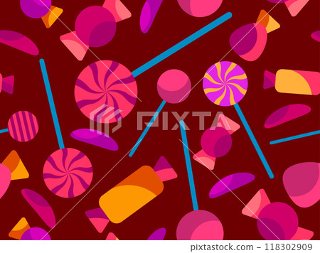 Seamless pattern with Halloween candies. Halloween candies and lollipops, trick or treat. Scattered candy design for wallpapers, wrappers, covers and banners. Vector illustration Seamless pattern with Halloween candies. Halloween candies and lollipops, trick or treat. Scattered candy design for wallpapers, wrappers, covers and banners. Vector illustration 118302909