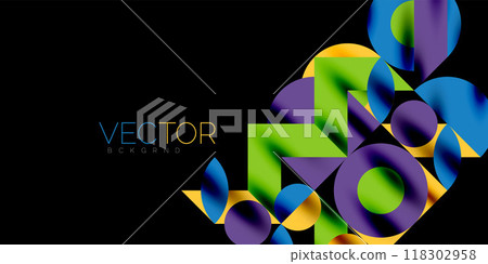 Colorful simple dynamic geometric forms circles lines and round shapes. Mosaic techno art concept. Vector Illustration For Wallpaper, Banner, Background, Card, Book Illustration, landing page Colorful simple dynamic geometric forms circles lines and round shapes. Mosaic techno art concept. Vector Illustration For Wallpaper, Banner, Background, Card, Book Illustration, landing page 118302958
