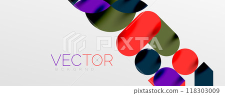 Mosaic geometric elements. Colorful circles, round geometric shapes and lines with shadow 3d effects. Simple forms abstract background for wallpaper, banner, template or landing Mosaic geometric elements. Colorful circles, round geometric shapes and lines with shadow 3d effects. Simple forms abstract background for wallpaper, banner, template or landing 118303009