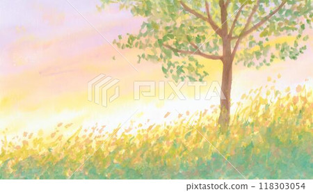 Illustration wallpaper of a grassland and a tree (AI generated material) 118303054
