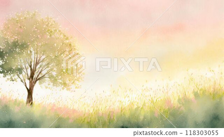 Illustration wallpaper of a grassland and a tree (AI generated material) 118303055