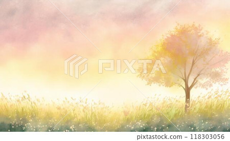 Illustration wallpaper of a grassland and a tree (AI generated material) 118303056