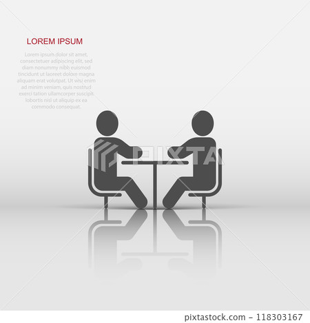 People with table icon in flat style. Teamwork conference vector illustration on white isolated background. Speaker dialog business concept. People with table icon in flat style. Teamwork conference vector illustration on white isolated background. Speaker dialog business concept. 118303167
