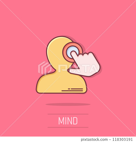 Mind awareness icon in comic style. Idea human cartoon vector illustration on isolated background. Customer brain splash effect business concept. Mind awareness icon in comic style. Idea human cartoon vector illustration on isolated background. Customer brain splash effect business concept. 118303191