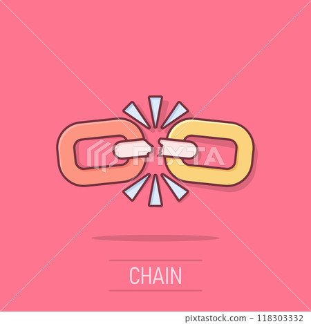 Broken chain sign icon in comic style. Disconnect link vector cartoon illustration on white isolated background. Detach business concept splash effect. 118303332