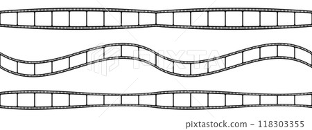 Set of blank curved and wavy film strips. Movie or photo camera tapes isolated on white background. Storyboard layouts. Vintage frames for photographic collage. Vector graphic illustration Set of blank curved and wavy film strips. Movie or photo camera tapes isolated on white background. Storyboard layouts. Vintage frames for photographic collage. Vector graphic illustration 118303355