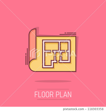 Room plan icon in comic style. Blueprint cartoon vector illustration on isolated background. House project splash effect business concept. Room plan icon in comic style. Blueprint cartoon vector illustration on isolated background. House project splash effect business concept. 118303358
