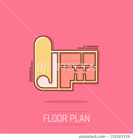 Room plan icon in comic style. Blueprint cartoon vector illustration on isolated background. House project splash effect business concept. Room plan icon in comic style. Blueprint cartoon vector illustration on isolated background. House project splash effect business concept. 118303359