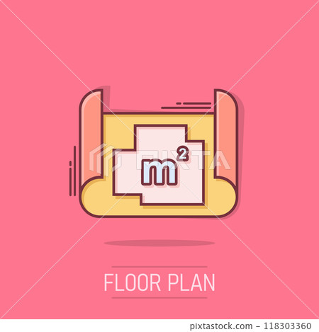 Room plan icon in comic style. Blueprint cartoon vector illustration on isolated background. House project splash effect business concept. 118303360