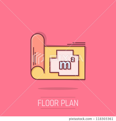Room plan icon in comic style. Blueprint cartoon vector illustration on isolated background. House project splash effect business concept. Room plan icon in comic style. Blueprint cartoon vector illustration on isolated background. House project splash effect business concept. 118303361
