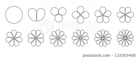 Flower diagrams with petals. Floral pie chart divided on equal sectors from 1 to 12 in leaf shapes isolated on white background. Business data presentation templates. Vector outline illustration 118303400