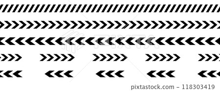 Black diagonal slashes and chevron prints for caution tapes or barricades. Signs for road marking, borders in quarantine zone, construction work area or crime scene. Vector graphic illustration 118303419