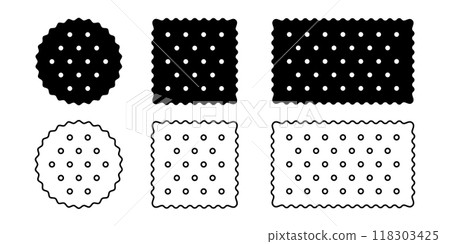 Set of whole cracker icons. Sweet or salty biscuit cookies in round, square and rectangle shapes. Popular crunchy snacks isolated on white background. Children treats. Vector graphic illustration 118303425