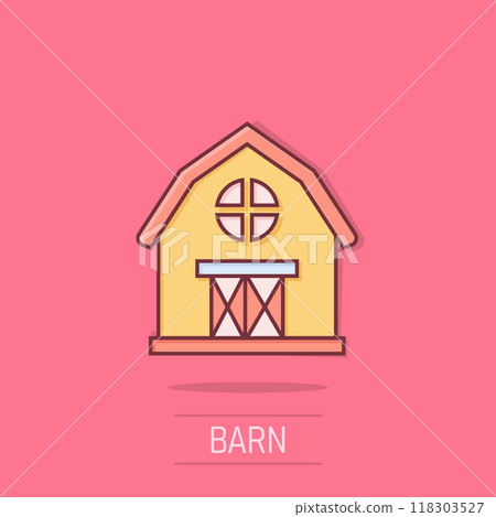 Barn icon in comic style. Farm house cartoon vector illustration on isolated background. Agriculture storehouse splash effect business concept. 118303527