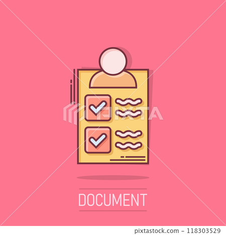 Document icon in comic style. Report cartoon vector illustration on isolated background. Paper sheet splash effect business concept. 118303529