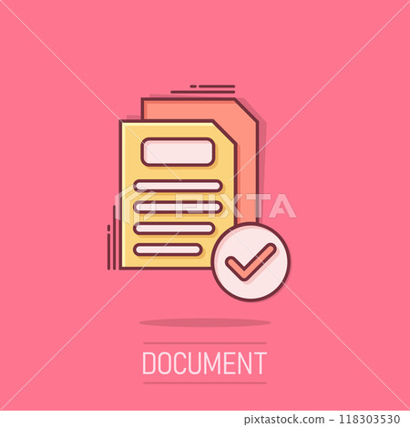 Document icon in comic style. Report cartoon vector illustration on isolated background. Paper sheet splash effect business concept. 118303530