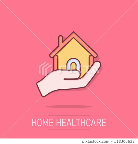 Home care icon in comic style. Hand hold house vector cartoon illustration on isolated background. Building quality business concept splash effect. 118303622