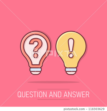 Problem solution icon in comic style. Light bulb idea vector cartoon illustration on isolated background. Question and answer business concept. 118303629