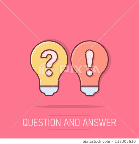 Problem solution icon in comic style. Light bulb idea vector cartoon illustration on isolated background. Question and answer business concept. 118303630