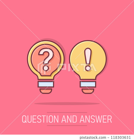 Problem solution icon in comic style. Light bulb idea vector cartoon illustration on isolated background. Question and answer business concept. 118303631