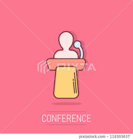 Public speach icon in comic style. Podium conference vector cartoon illustration on isolated background. Tribune debate business concept splash effect. Public speach icon in comic style. Podium conference vector cartoon illustration on isolated background. Tribune debate business concept splash effect. 118303637
