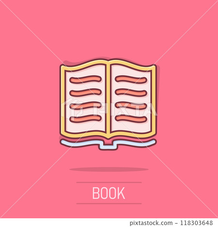 Open book icon in comic style. Literature vector cartoon illustration on isolated background. Library business concept splash effect. Open book icon in comic style. Literature vector cartoon illustration on isolated background. Library business concept splash effect. 118303648