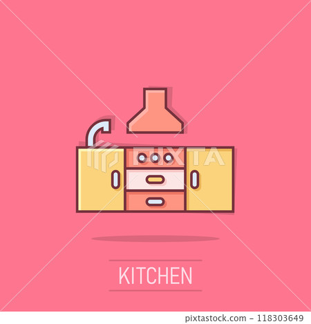 Kitchen furniture icon in comic style. Cuisine cartoon vector illustration on isolated background. Cooking room splash effect business concept. Kitchen furniture icon in comic style. Cuisine cartoon vector illustration on isolated background. Cooking room splash effect business concept. 118303649