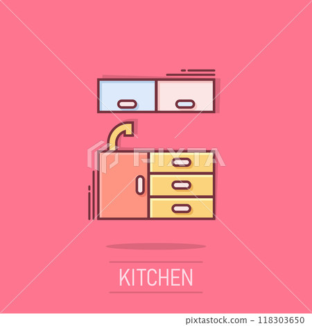 Kitchen furniture icon in comic style. Cuisine cartoon vector illustration on isolated background. Cooking room splash effect business concept. Kitchen furniture icon in comic style. Cuisine cartoon vector illustration on isolated background. Cooking room splash effect business concept. 118303650