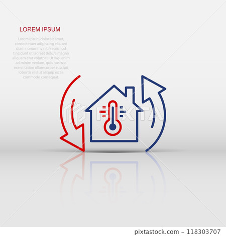 Thermometer home icon in flat style. House climate control vector illustration on white isolated background. Hot, cold temperature business concept. Thermometer home icon in flat style. House climate control vector illustration on white isolated background. Hot, cold temperature business concept. 118303707