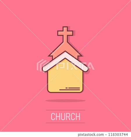 Church icon in comic style. Chapel vector cartoon illustration on isolated background. Religious building business concept splash effect. 118303744