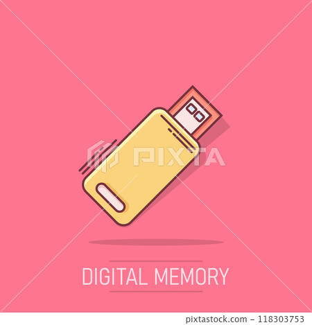 Usb drive icon in comic style. Flash disk vector cartoon illustration on isolated background. Digital memory splash effect business concept. 118303753